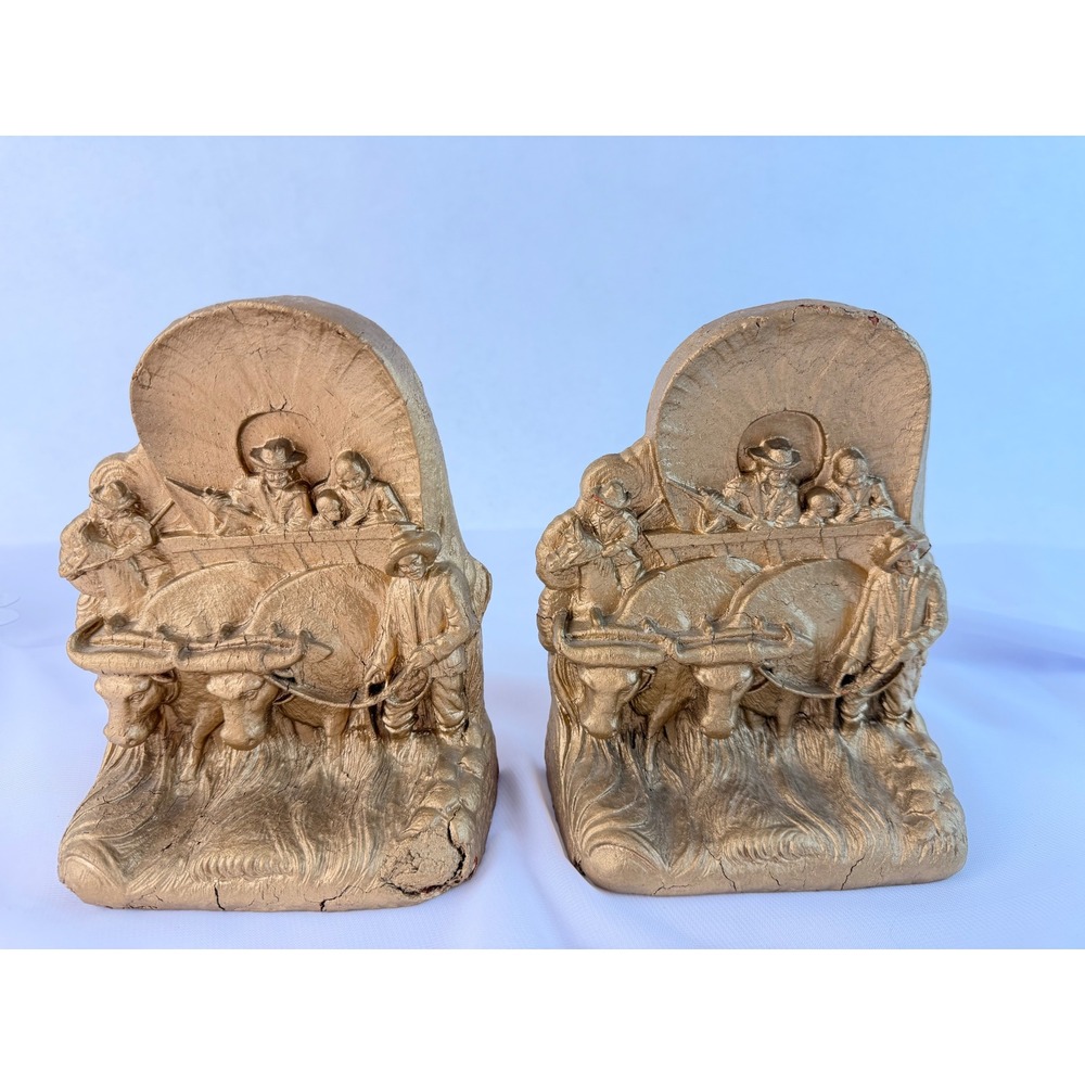 Vintage Gold tone Chalkware Covered Wagon Oxen Western Pioneer Bookends Set of 2